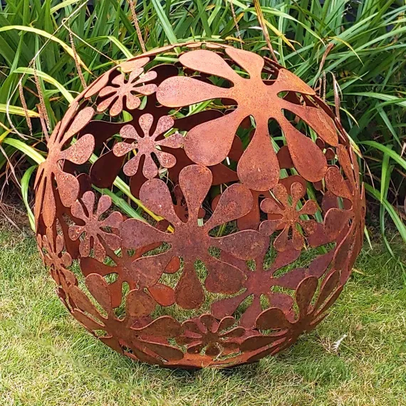 Rustic metal sculpture flower sphere garden ornament decoration
