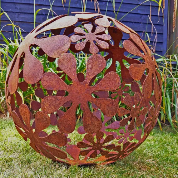 Rusty metal flower sphere sculpture garden ornament decoration